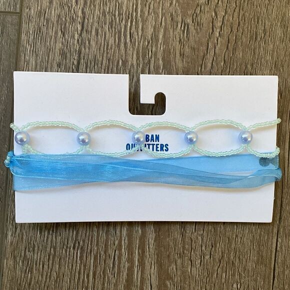 Urban Outfitters Aqua Blue Beaded Ribbon Choker Wrap Necklace - Picture 2 of 3